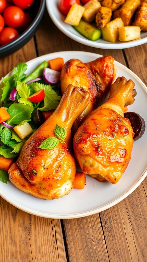 Crispy baked chicken drumsticks on a plate with fresh herbs and a side of salad and vegetables.
